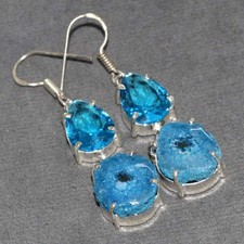 Blue Solar Quartz Blue Topaz 925 Silver Plated Earrings 2