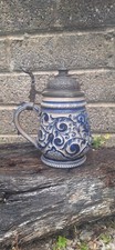 Antique German Saltglazed Beer Stein Pewter Lid 19thc Man Cave Decor