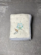 Baby Blanket Blue Owl Gray Polka Dots Cream Fleece Soft Security Lovey 30"x40"