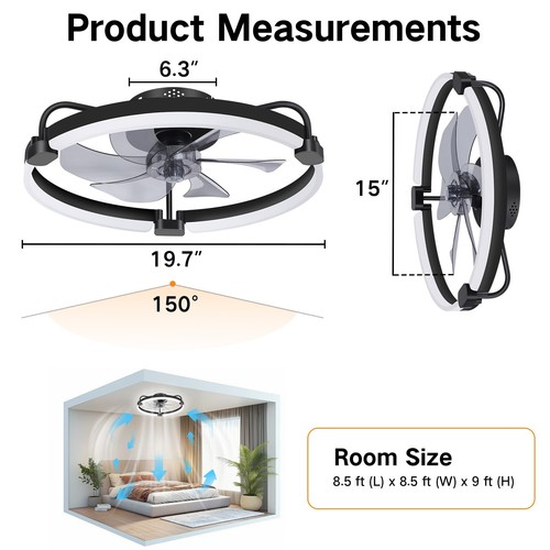 OUTON 20" Ceiling Fan with Light, Remote & App Control, Fandelier Low Profile... - Picture 7 of 9