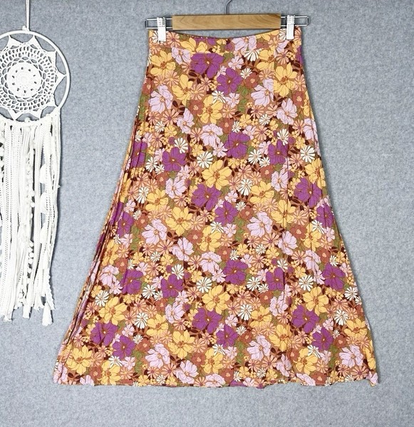 Petal And Pup Skirt Womens S Floral Multicoloured Midi Rayon Boho Hippie Groovy