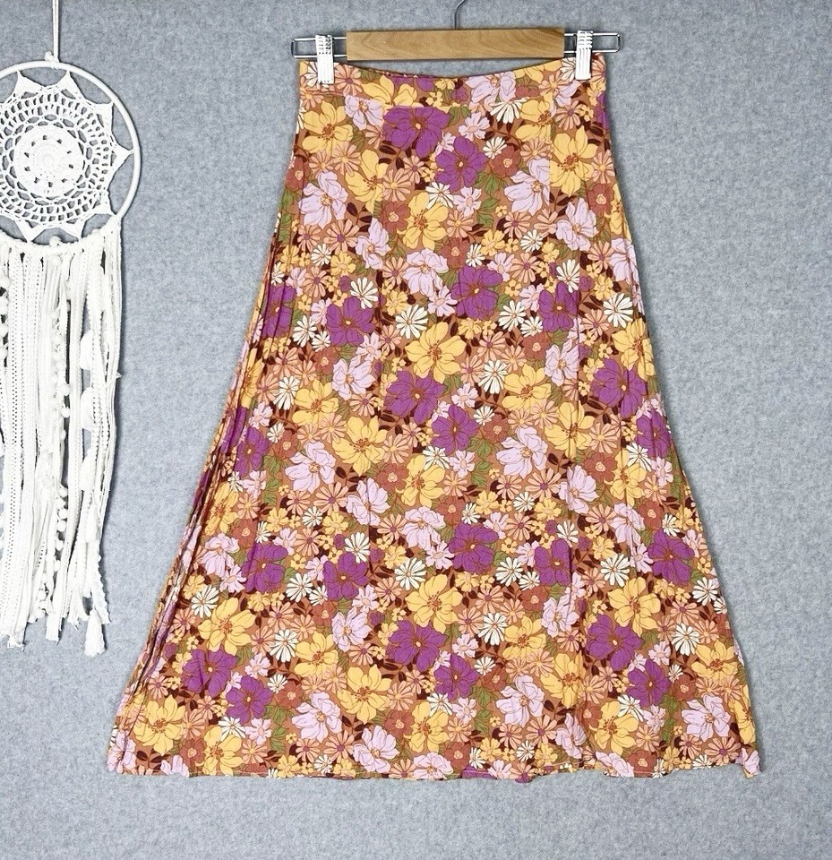 Petal And Pup Skirt Womens S Floral Multicoloured Midi Rayon Boho Hippie Groovy