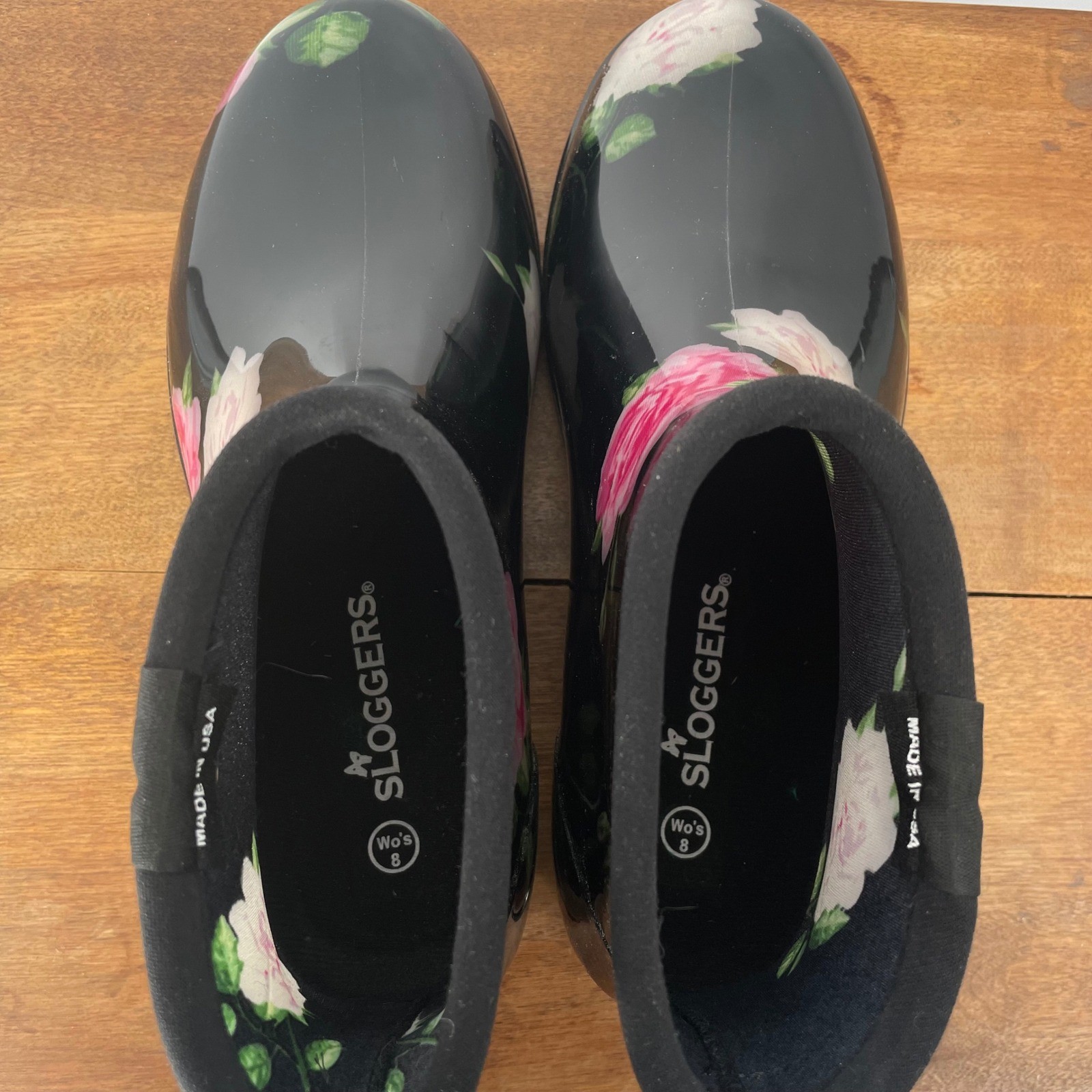 Sloggers Waterproof Rose Print Ankle Rain Boots Womens Size 8 Black Garden Boots