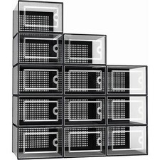 12 PK TRANSPARENT CLEAR SHOE STORAGE BOX RACK PLASTIC ORGANISER BOXES STACKABLE