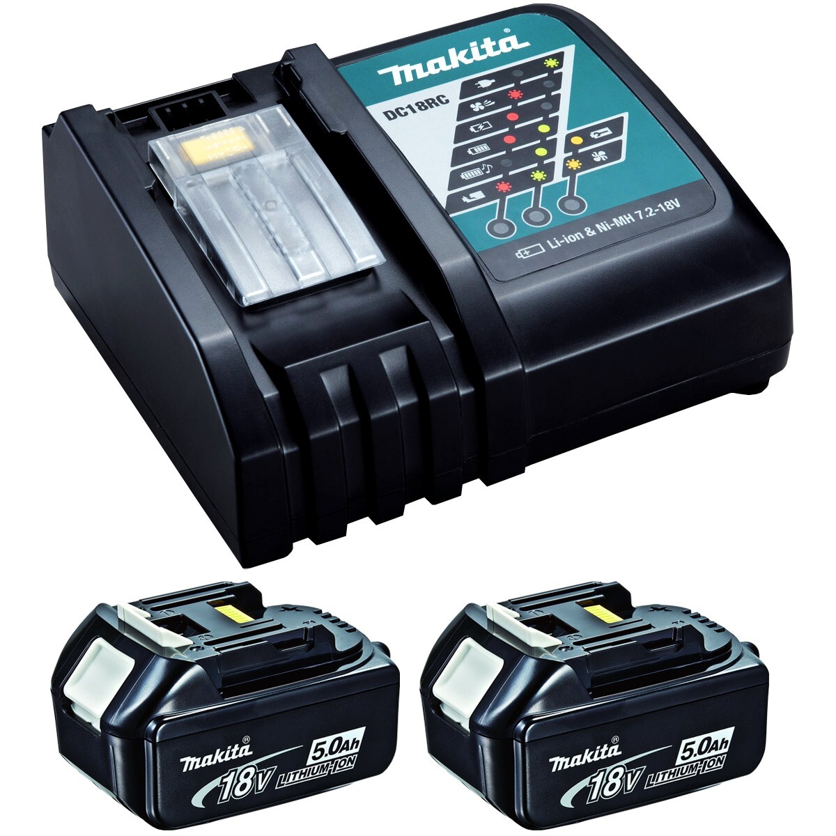 Makita 18V Li-ion Genuine 5.0Ah BL1850 Battery Twin Pack & DC18RC Charger Kit