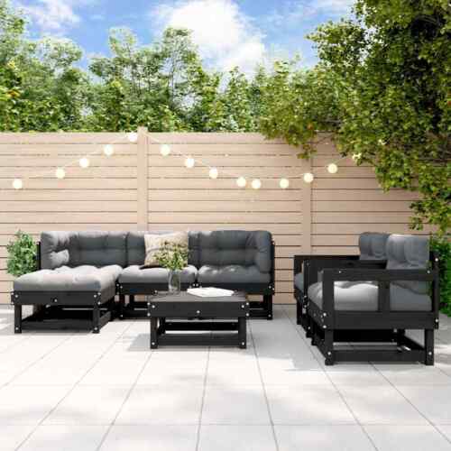 7pcs Black Solid Pine Wood Garden Living Set-