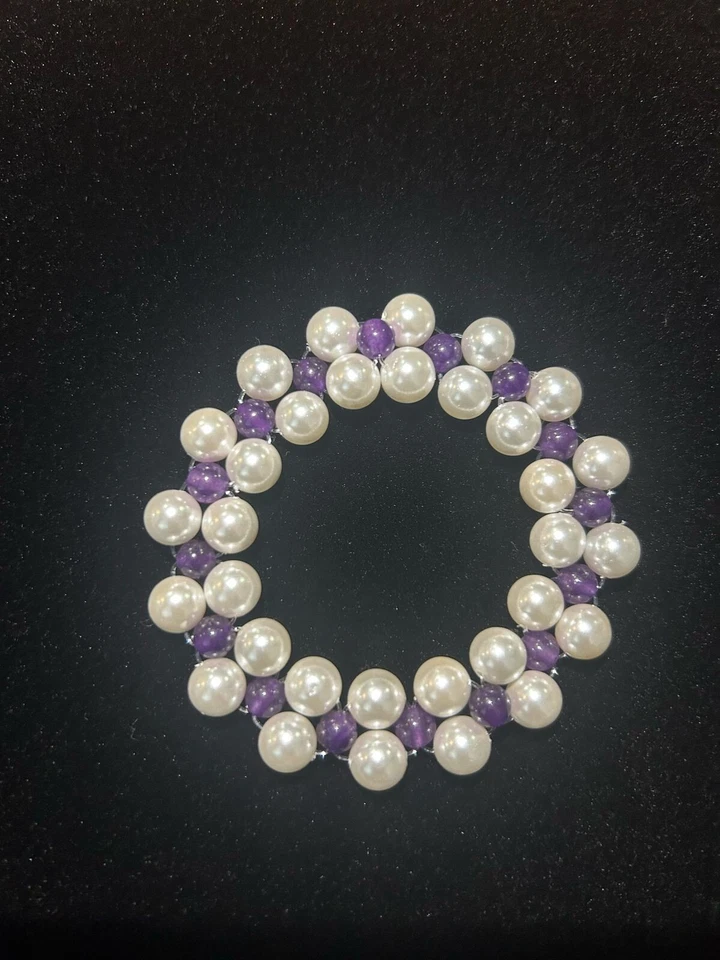 Natural Stone Amethyst and White Shell Pearl Beads Round Handmade Bracelets 7.5' - Image 3 of 4