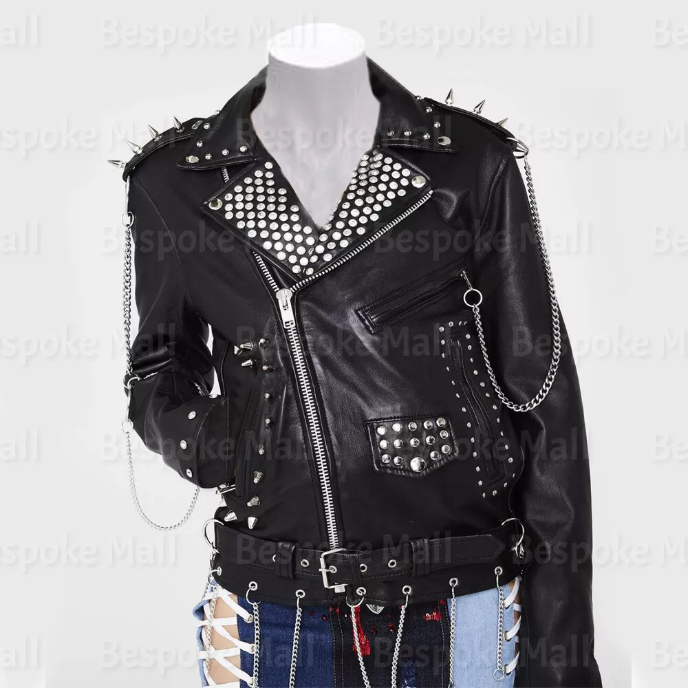 Leather jacket with silver studs sale