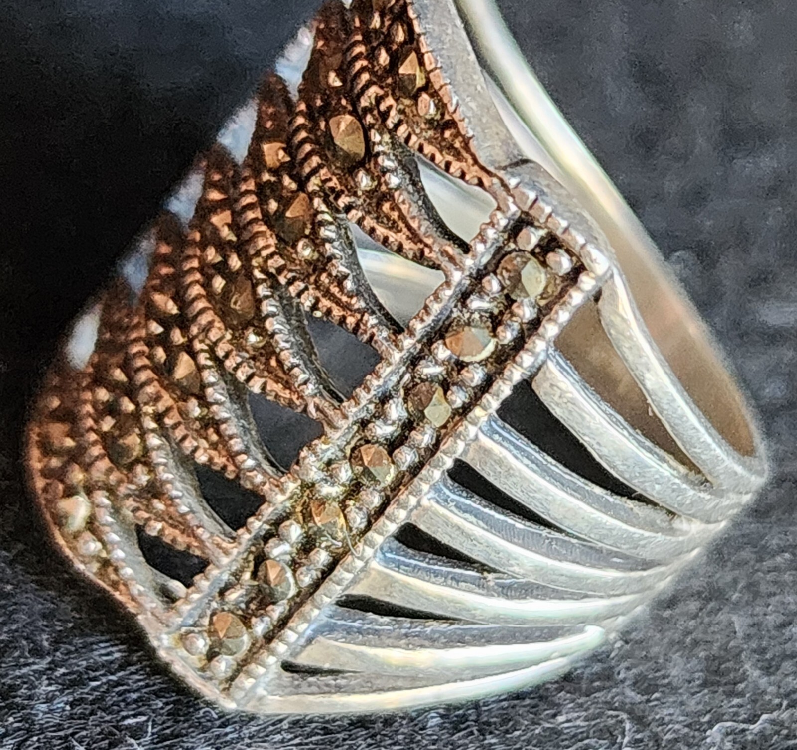 Sterling Silver Statement Ring Vintage Marcasite … - image 3