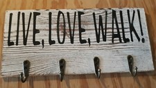 LIVE, LOVE, WALK Dog Leash Key Holder Hanger Rustic Stenciled Wood Sign-New