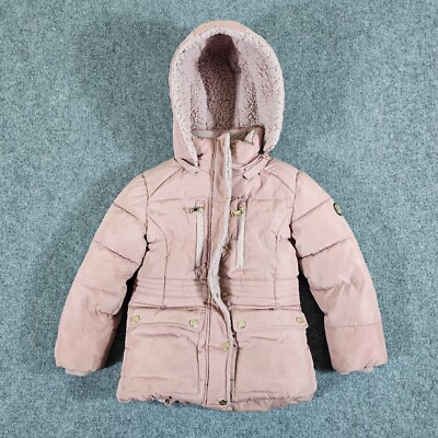 Vintage Y2K DKNY Hooded Fleece Lined Puffer Jacket Pink Youth (5/6) Cute Winter