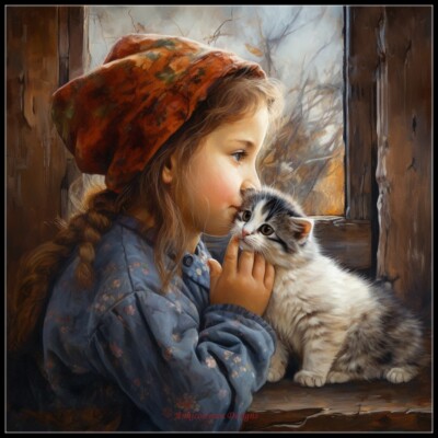 Kissing a Kitten 1 - Counted Cross Stitch Patterns - Color & BW Symbols