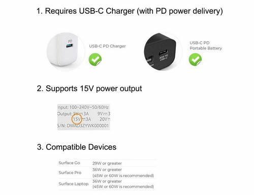 Surface Plug to USB Type C Charging Cable For Surface Pro 3 4 5 6 Go Book 15V AU - Picture 7 of 8