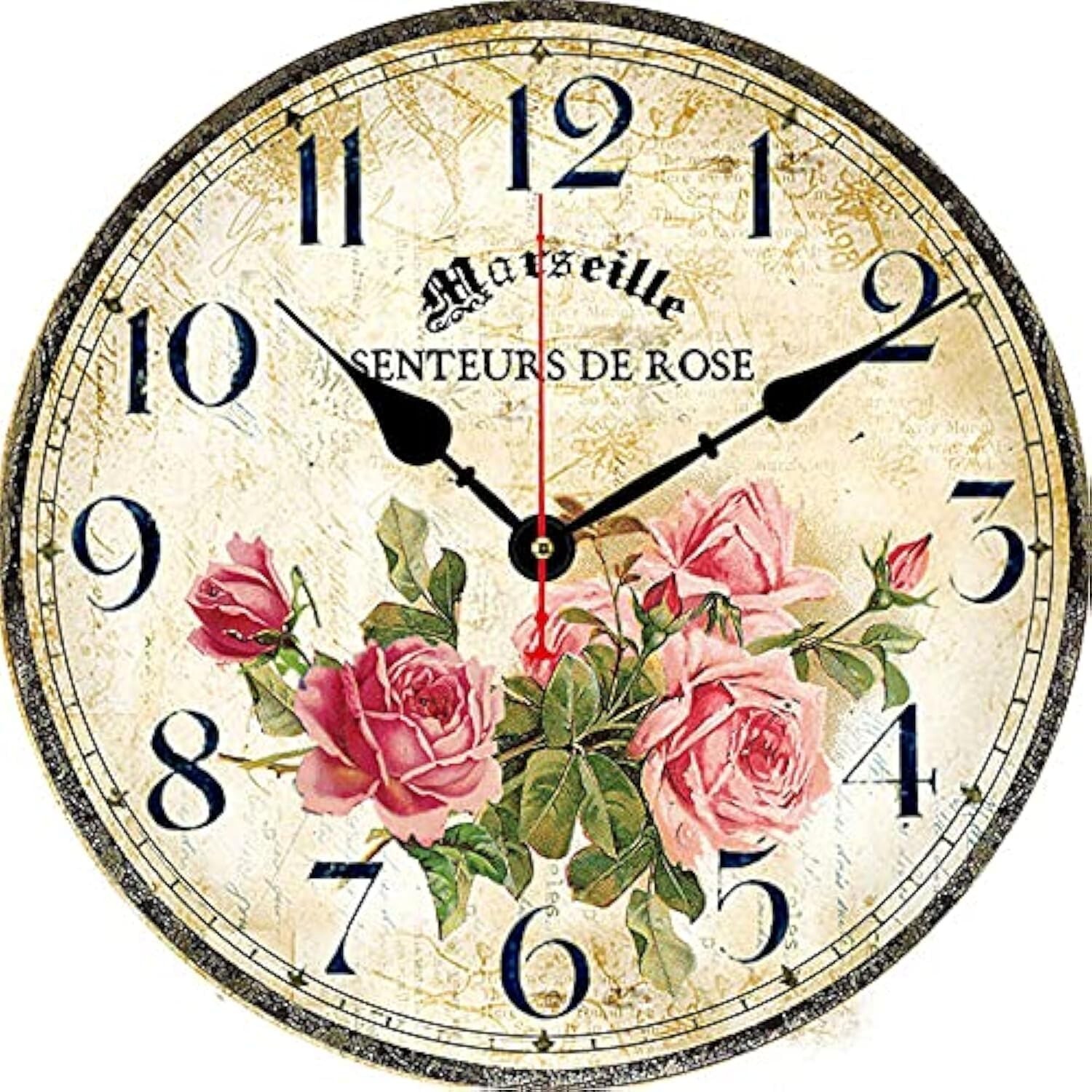 Vintage French Floral Wall Clock with Pink Rose Pattern Small Round Silent No...