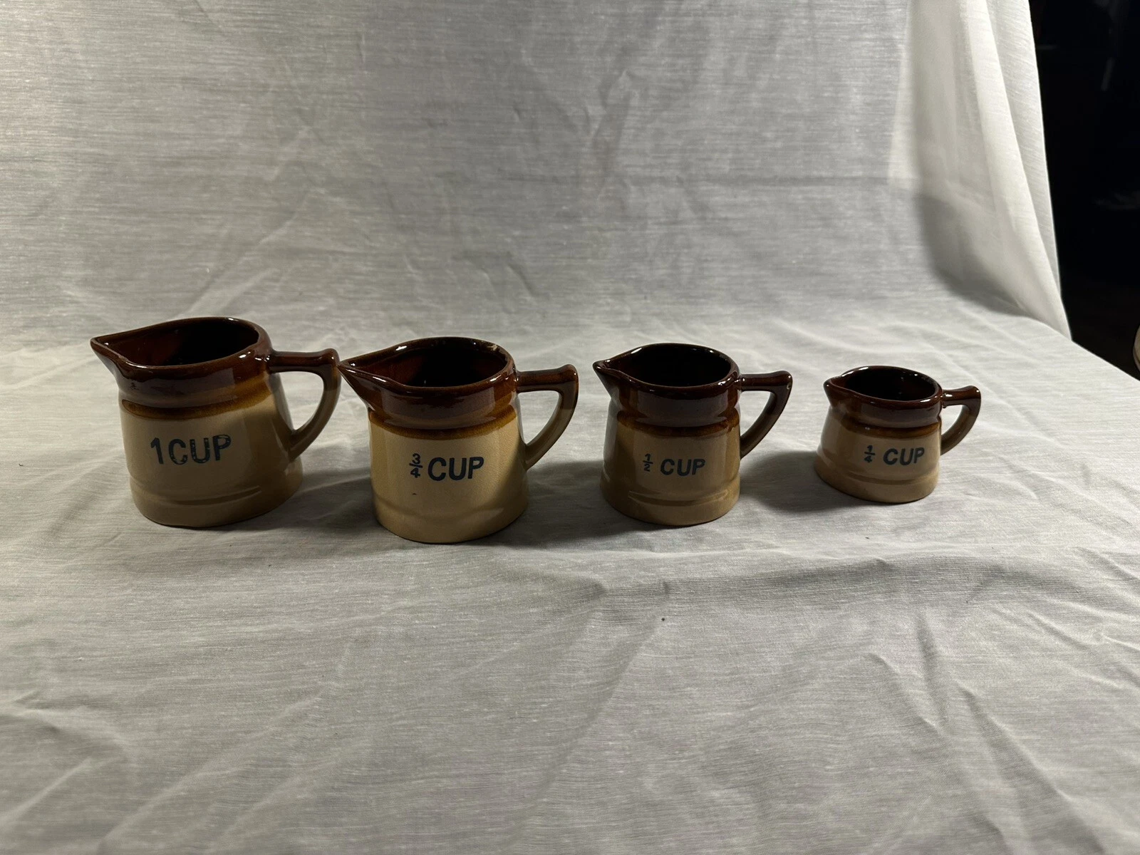 Vintage Set Of 4 Measuring Cups Stoneware Pottery Brown Tones Mini Pitchers