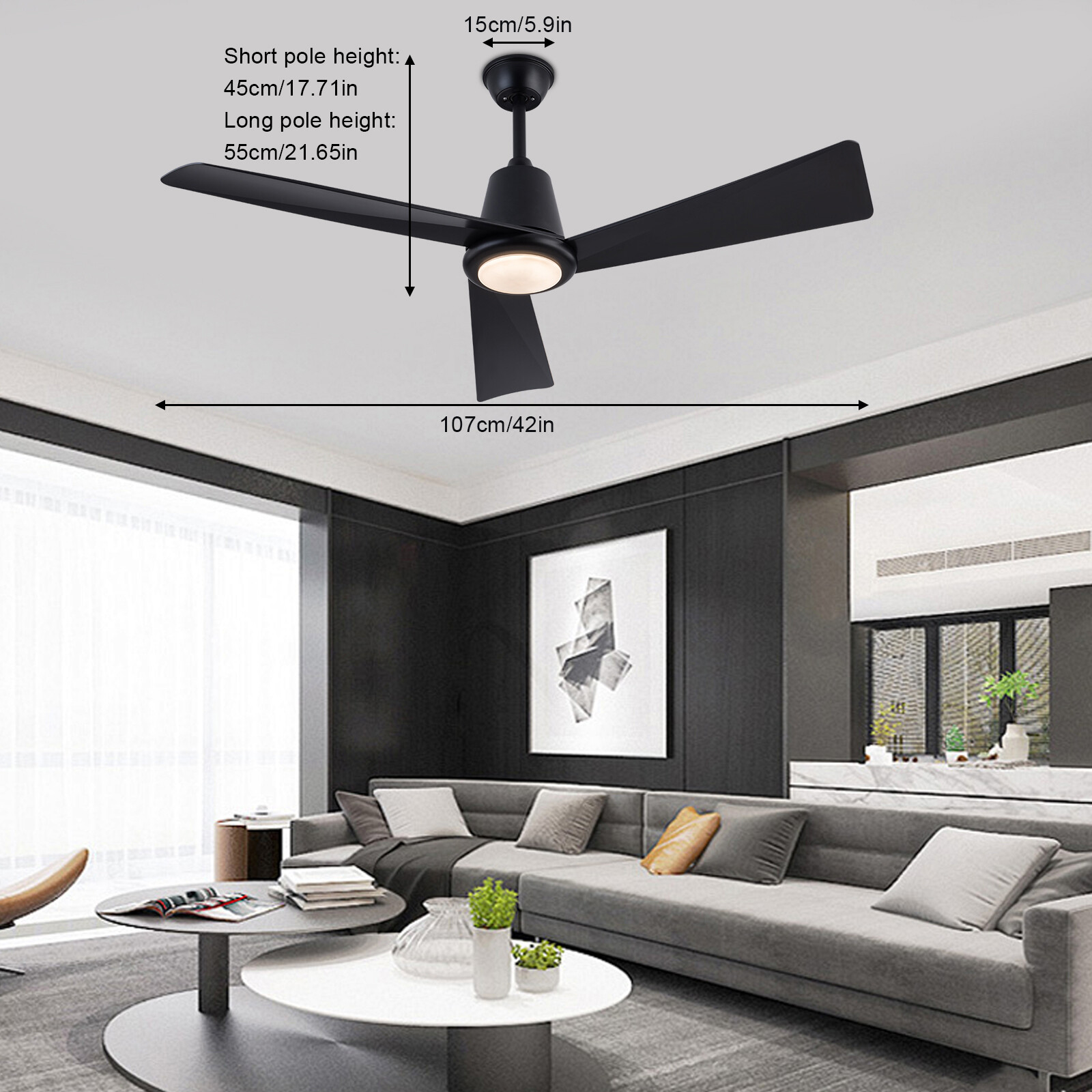 42 Inch Modern Black Ceiling Fan with Remote 3 Light Colors 2200lm Bright LED