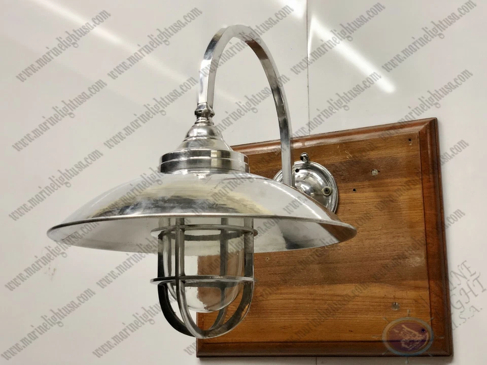 Maritime Deco Antique Aluminum Swan Neck Arched Wall Light with Shade - Image 4 of 4