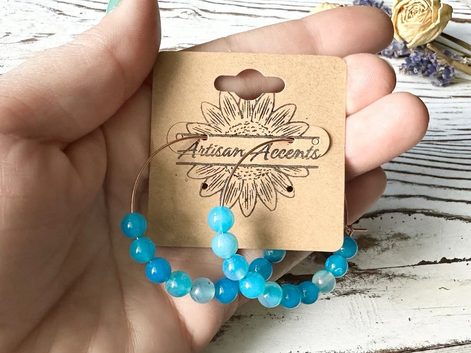 Larimar Hoop Earrings, Larimar Bead Gemstone Peace Relaxation Stone Earrings - Image 2 of 4