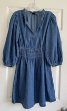 Gap Dress Womens XS Blue Denim Smocked Mini Puff Sleeve Cowgirl