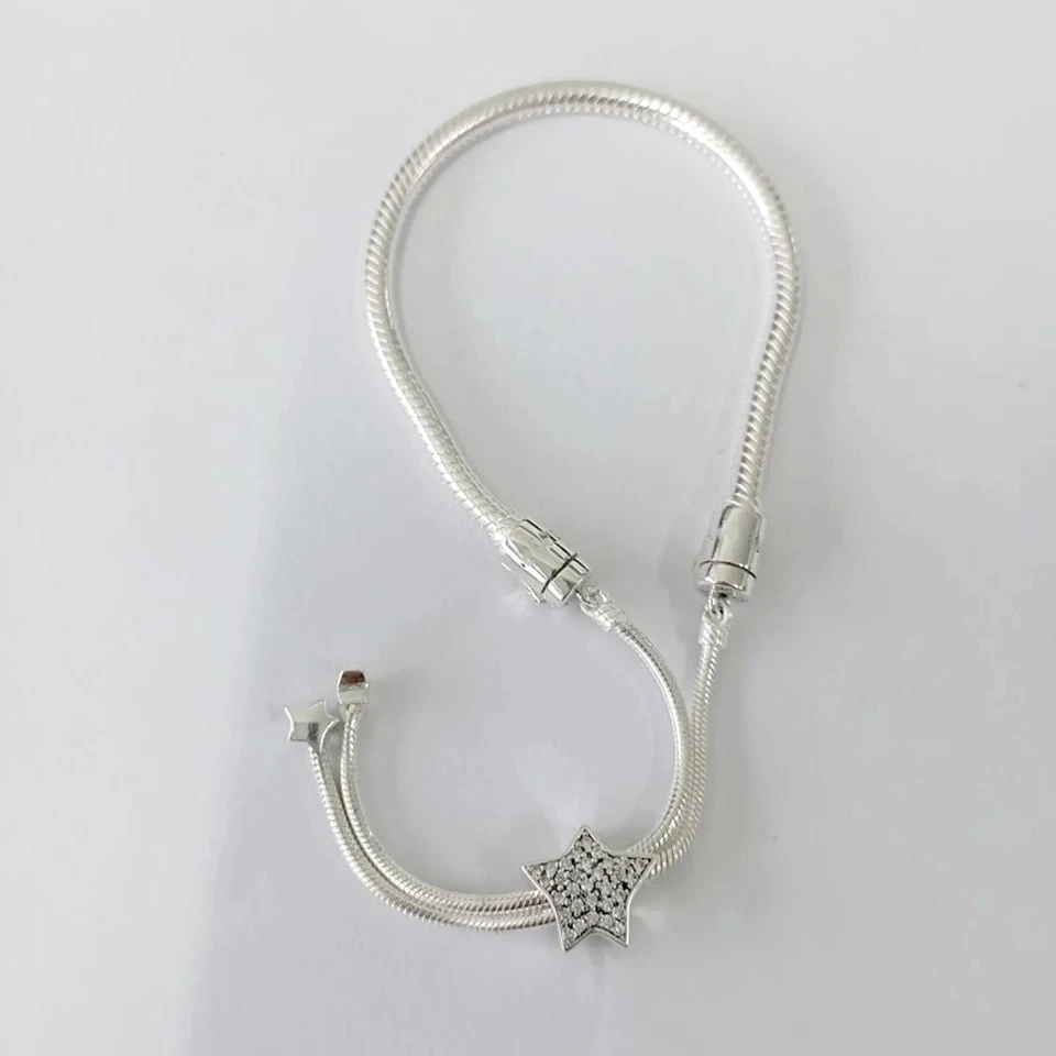 Auténtico Brazalete Estrella Pavé Circonita Circonita Deslizante Ajustable Cadena Serpiente Plata de Ley Foto 3 de 4