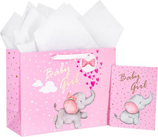 Baby Girl Gift Bag Pink Elephant Design with Tissue Paper and Greeting Card for