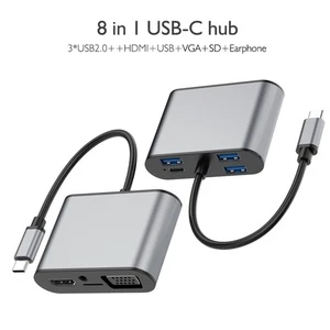 8 Dans 1 Multifonctions USB Hub Type-C à HDMI USB-C à VGA PD Adaptateur de charge