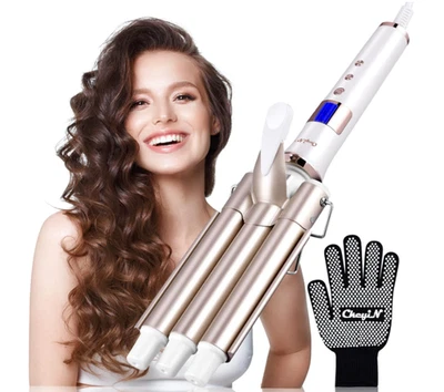 CkeyiN 3 Barrel Hair Waver LCD 16 Temp Control Ceramic Tourmaline 22mm Crimpers