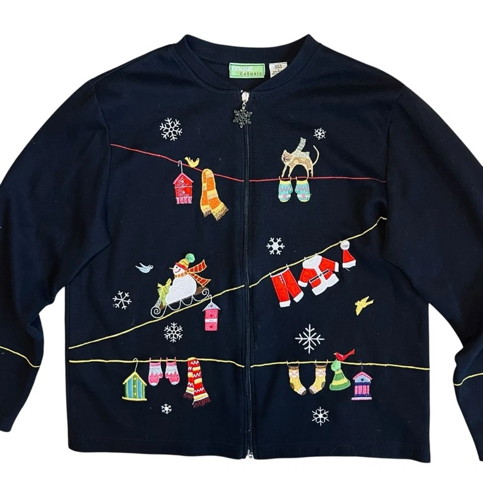 Suéter Onque Casuals Y2K Vintage Para Mujer’s L Bordado Navidad Gato Cremallera Completa Foto 2 de 4