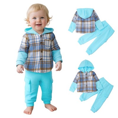 Infant Baby Boys Button Down Hooded Plaid Jacket with Pants Sweatpants Clothes 