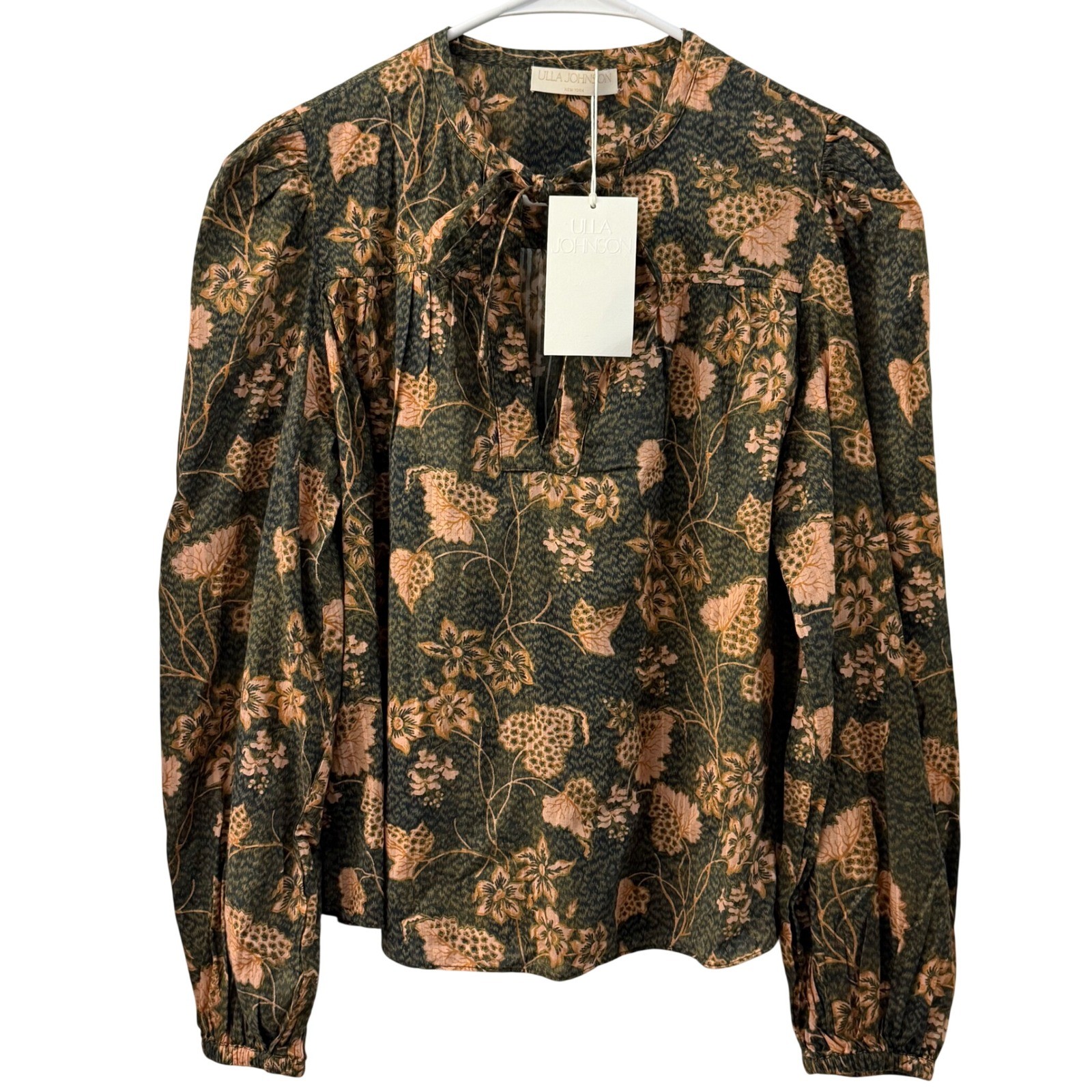 Blusa Ulla Johnson Tillie Bálsamo Verde Floral Algodón Viscosa Talla 2 NUEVA Otoño