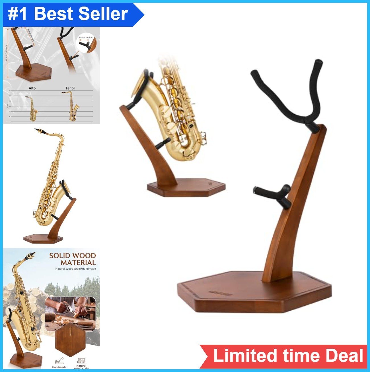 Wooden Saxophone Stand Alto Tenor Sax Solid Hardwood Walnut Heavy Base Display