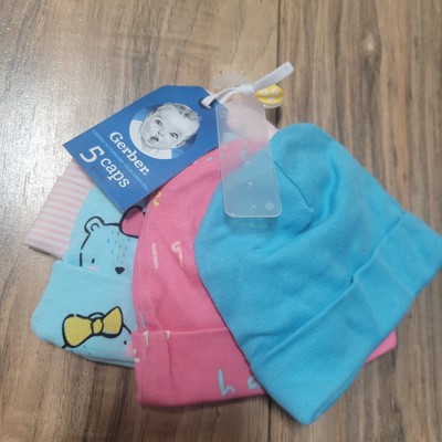 Gerber Baby Girls 4 Pack Caps Size 0-6 Months Brand New Pink/Blue Cute Happy Fun