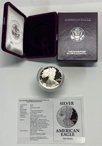 1992-S American Silver Eagle Proof 1 Troy oz .999 Fine Silver Coin in box w/COA