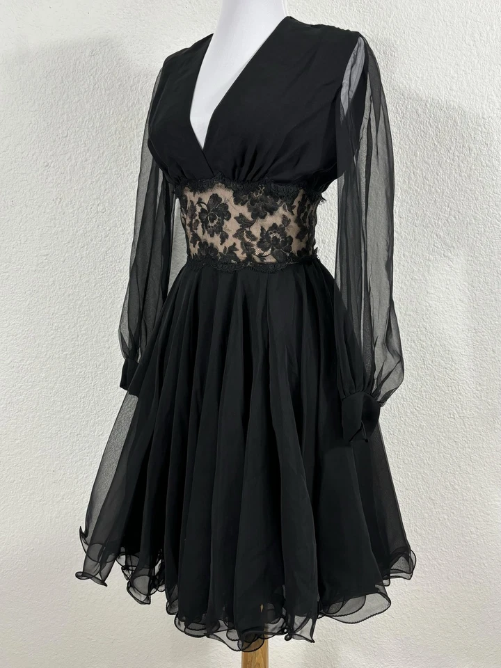 Vintage Lillie Rubin Dress Womens XS Black Sheer Lace Waist Chiffon Sleeves 50s - Image 4 of 4