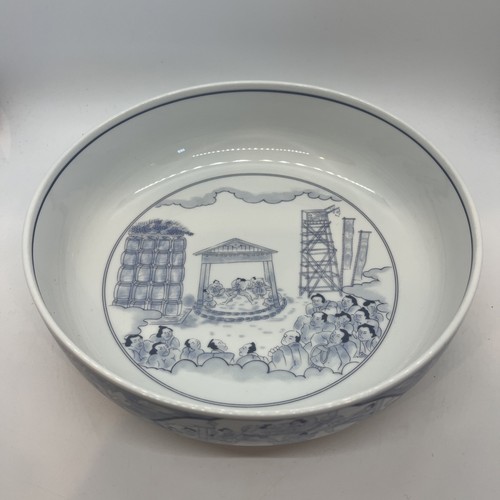 Große seltene Vintage blau & weiß japanische orientalische Sumo Wrestling Schüssel Topf 8 3/4" - Bild 1 von 6