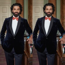 Velvet Men's Suit for Prom Evening Banquet Formal Tuxedo Jacket Navy Blue 2Pcs