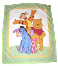 Disney Winnie the Pooh Piglet Eeyore Tigger Green Dash Plush Baby Blanket