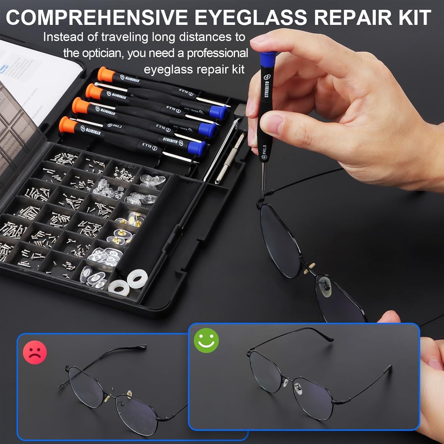 STREBITO Glasses Repair Kit, All-in-One Eyeglass Repair Kit with 16 Sizes of Scr