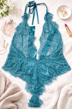 Women  s Teal Lace Teddy Bodysuit One Piece Lingerie Halter Deep V Sheer 760 