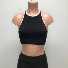 Free People Movement Crop Tank Black White Trim Ribbed Halter Sleeveless Top S