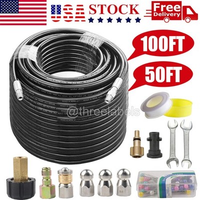 5800PSI Sewer Jetter Nozzles Kit 100FT 50FT Cleaning Hose for Pressure Washer