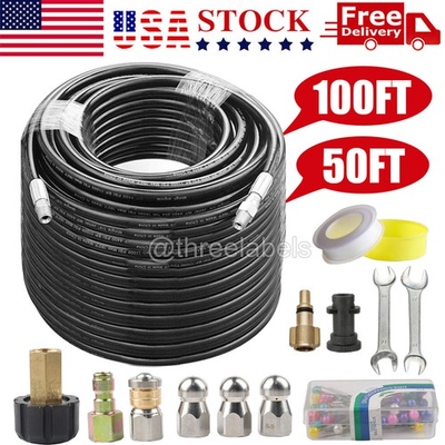 #ad 5800PSI Sewer Jetter Nozzles Kit 100FT 50FT Cleaning Hose for Pressure Washer $34.91