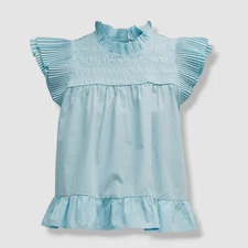 $175 Love The Label Women's Blue Poppy High-Neck Ruffle Short Sleeve Top Size S