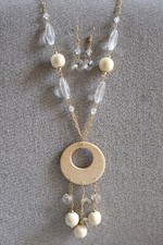 Beaded earrings and long necklace set with wood beads gold tone