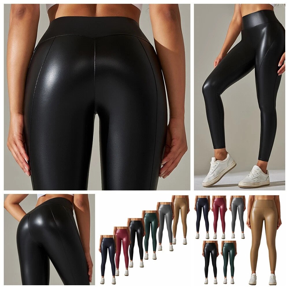 Womens PU Leather Disco Party Tight Pants Running High Waist Gym Stretch