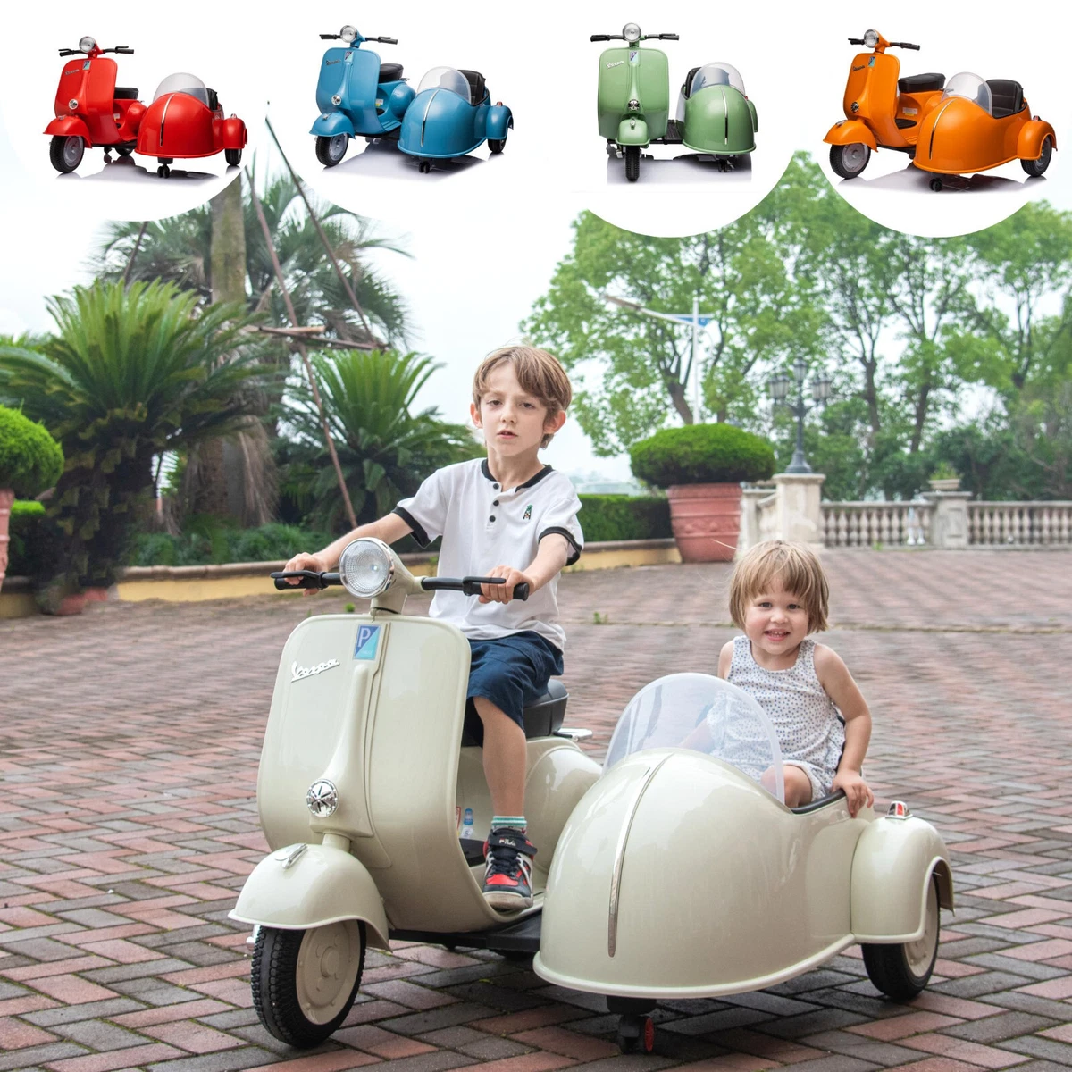 12V Vespa Toy Scooter Motorcycle w Side Car 2 Seater for Kids Ride On Licensed