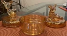 Vintage Jeanette Carnival Glass w Fawn and Dog Lids (2 lids) Covered Candy Dish