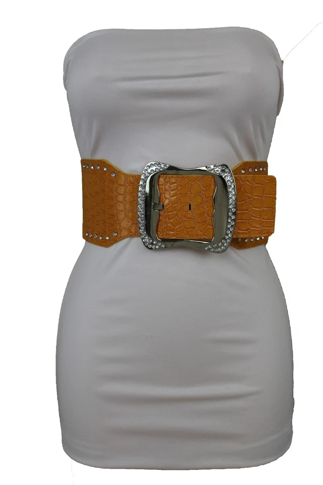 Mujeres Moda Ancho Naranja Elastizado Cintura Cinturón Plateado Metal Hebilla Plus M L Foto 4 de 4