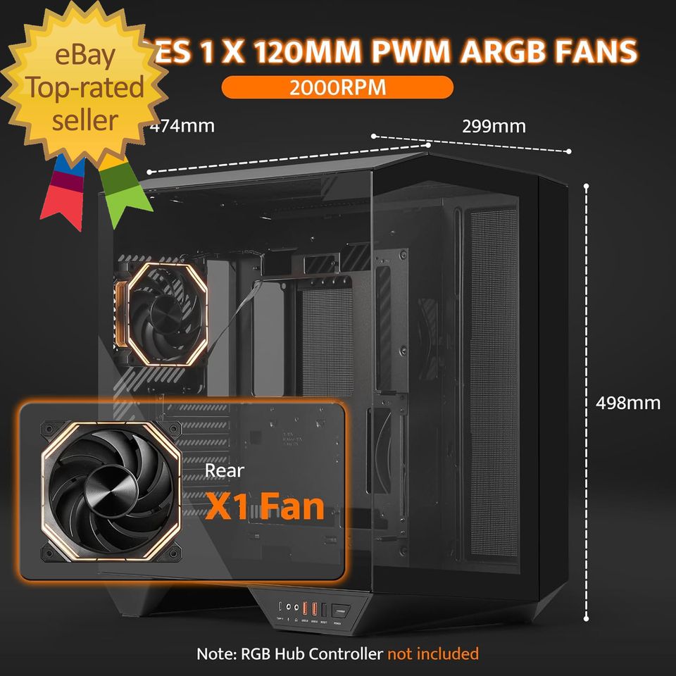 Full-Tower ATX Gaming PC Case, Back Plug-In Motherboard, Dual-Chamber ...