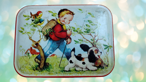 Tin Toffee Thornes Boy Hiking w/ Dog Storage Leeds England 5.5" x 4.25" - 1950's - Picture 12 of 12